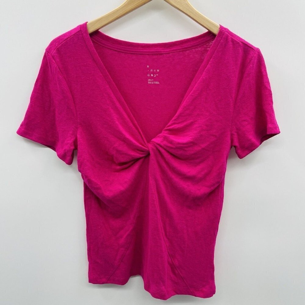 A New Day Womens Size‎ Small Twisted V-Neck Linen Short Sleeve T-Shirt Pink 2473